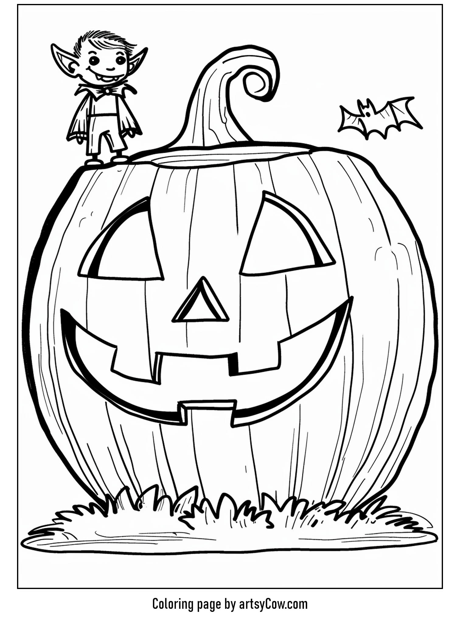 halloween pumpkin drawings for kids, showing a fun scene with a vampire character sitting atop a big pumpkin, next to a spooky bat